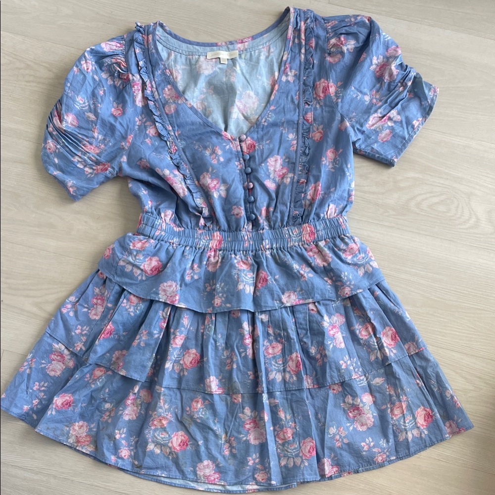 LoveShackFancy Blue and Pink Floral Mini Dress